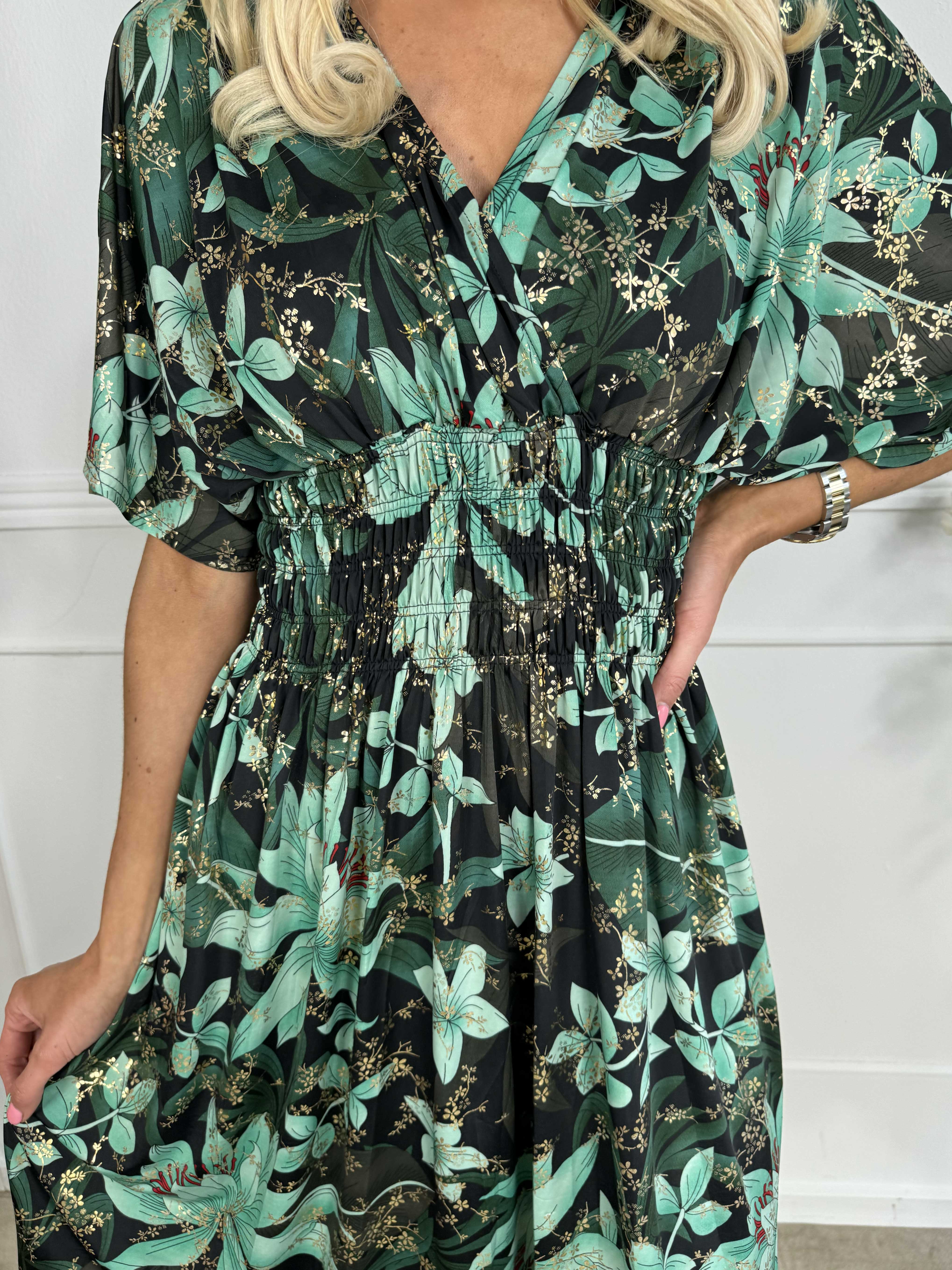 Pams Short S/S - Blommig klänning med resår och smock